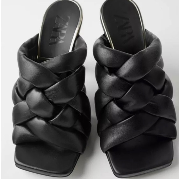 ZARA BLACK LEATHER SQUARE TOE HEEL MULES- SZ: 9 - Picture 2 of 8